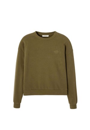 Sweat-shirt vert olive en mélange de coton; présente des poignets et un ourlet côtelés, un col rond, et un petit logo brodé sur la poitrine.