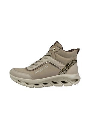 Beige high-top sneaker with lace-up front, cushioned sole, leopard print detail on heel, and "bugatti" logo on side.