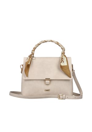 Sac à main en cuir beige au design structuré, avec une poignée torsadée enveloppée d'un tissu à motifs et une bandoulière amovible.