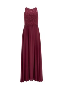 Burgunderfarbene Abendkleid mit einem Spitzenoberteil und einem fließenden Chiffonrock. Verfügt über ein ärmelloses Design und einen gewellten Ausschnitt.