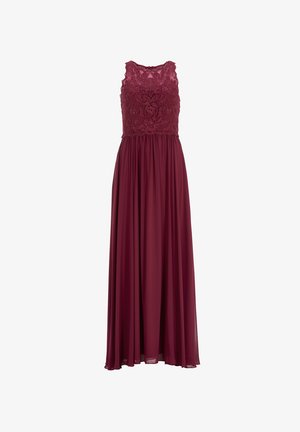 Abito da sera bordeaux con corpetto in pizzo e gonna in chiffon fluente. Presenta un design senza maniche e un colletto a scallop.