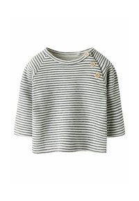 Chemise pour bébé à manches longues à rayures blanches et noires, avec trois boutons beiges sur l'épaule gauche et un col rond.