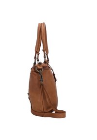 Braune Lederhandtasche mit doppelten Schulterriemen und einem verstellbaren langen Tragegurt. Verfügt über Metallbeschläge und einen Reißverschluss oben.