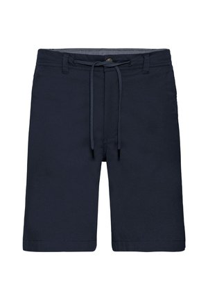 Mørkeblå shorts laget av glatt stoff, med en snor i livet, sidelommer og rett ben-design.