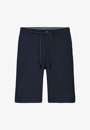 Tamsiai mėlynos šortai, pagaminti iš lygaus audinio, su raišteliu reguliuojamu juosmeniu, šoninėmis kišenėmis ir tiesiu kojų dizainu.