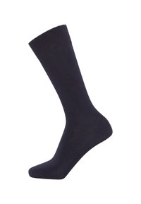 Navy blue cotton sock with a ribbed cuff, smooth texture, knee-high length, and a reinforced toe and heel for durability.