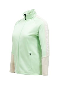 Giacca sportiva verde con colletto alto, zip completa e tasca con zip. Testo "PERFORMANCE" bianco sulla manica; accenti in contrasto di un beige chiaro.