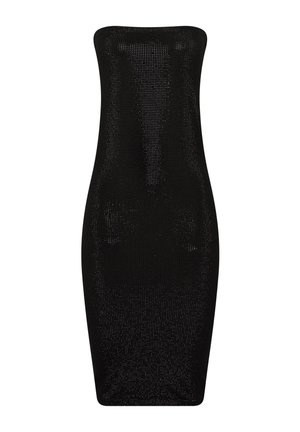Zwarte strapless bodyconjurk met een aansluitende silhouet, voorzien van een gestructureerd meshpatroon en een gladde afwerking.