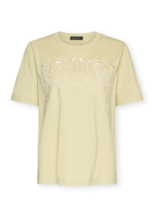 Crèmekleurig T-shirt met korte mouwen, ronde hals en subtiele bloemrijke borduursels over de borst en de bovenarmen.