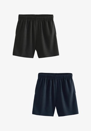 Twee paar lichte shorts. Het bovenste paar is zwart met een gestructureerde stof; het onderste paar is donkerblauw, beide met een elastische tailleband.