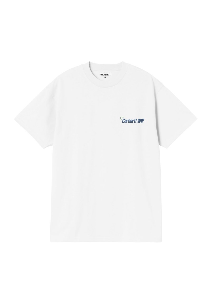 Biała bawełniana koszulka z krótkim rękawem, z niebieskim logo Carhartt WIP na lewej piersi. Klasyczny fason z okrągłym dekoltem.