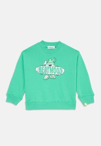Grønn bomullssweatshirt med en tegneserieillustrasjon og teksten "BESTMOOD," ribbede mansjetter og et gult akcent på nederkant.
