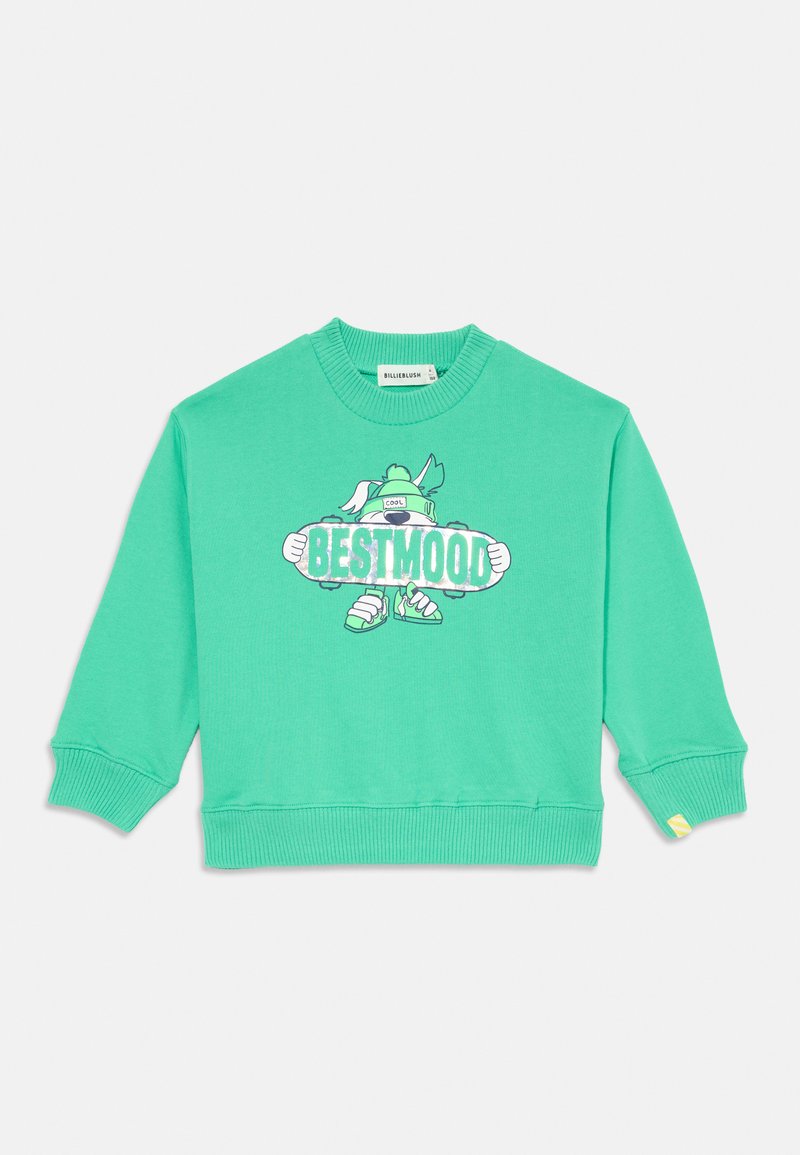 Grønn bomullssweatshirt med en tegneserieillustrasjon og teksten "BESTMOOD," ribbede mansjetter og et gult akcent på nederkant.