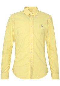 Żółta koszula na guziki wykonana z bawełny, z klasycznym kołnierzykiem, długimi rękawami i małym granatowym logo na lewej piersi.