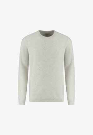 Light gray knitted long-sleeve crewneck sweater with ribbed cuffs and hem, featuring subtle textured pattern and small embroidered logo on chest.