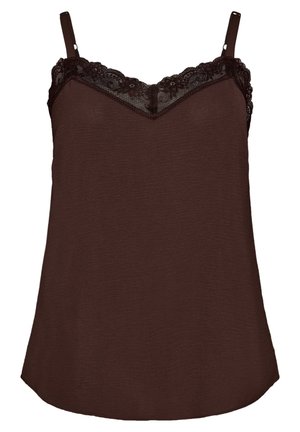 Braunes ärmelloses Camisole mit verstellbaren Trägern und Spitzenbesatz entlang des V-Ausschnitts und oberhalb der Brust.