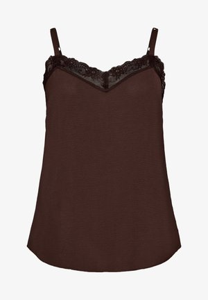 Pruun varrukateta kampsun reguleeritavate rihmade ja pitsist äärisega V-kaeluse ja üla-rinna piirkonnas.