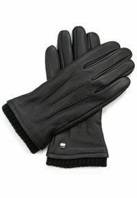 Schwarze Lederhandschuhe mit geripptem schwarzen Strickbündchen, ausgestattet mit dezenten Nähdetails und einem metallischen Akzent nahe dem Handgelenk.