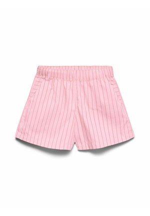 Pink shorts with vertical darker pink stripes, elastic waistband, and side pockets, laid flat on a white background.