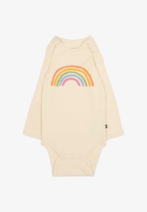 Body z długim rękawem w jasnobeżowej bawełnie z wielokolorowym wzorem tęczy na piersi. Zapięcia na zatrzaski u dołu.