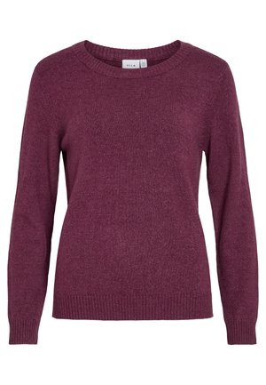 Burgunderfarga strikkegenser med rund hals, lange ermer, ribbestrikkede mansjetter og kant. Myk tekstur med et subtilt, litt melert uttrykk.