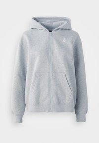 Felpa con cappuccio a zip integrale di colore grigio chiaro, con tasche frontali, polsini e orlo a costine, cappuccio e piccolo logo Jumpman bianco sul petto sinistro.