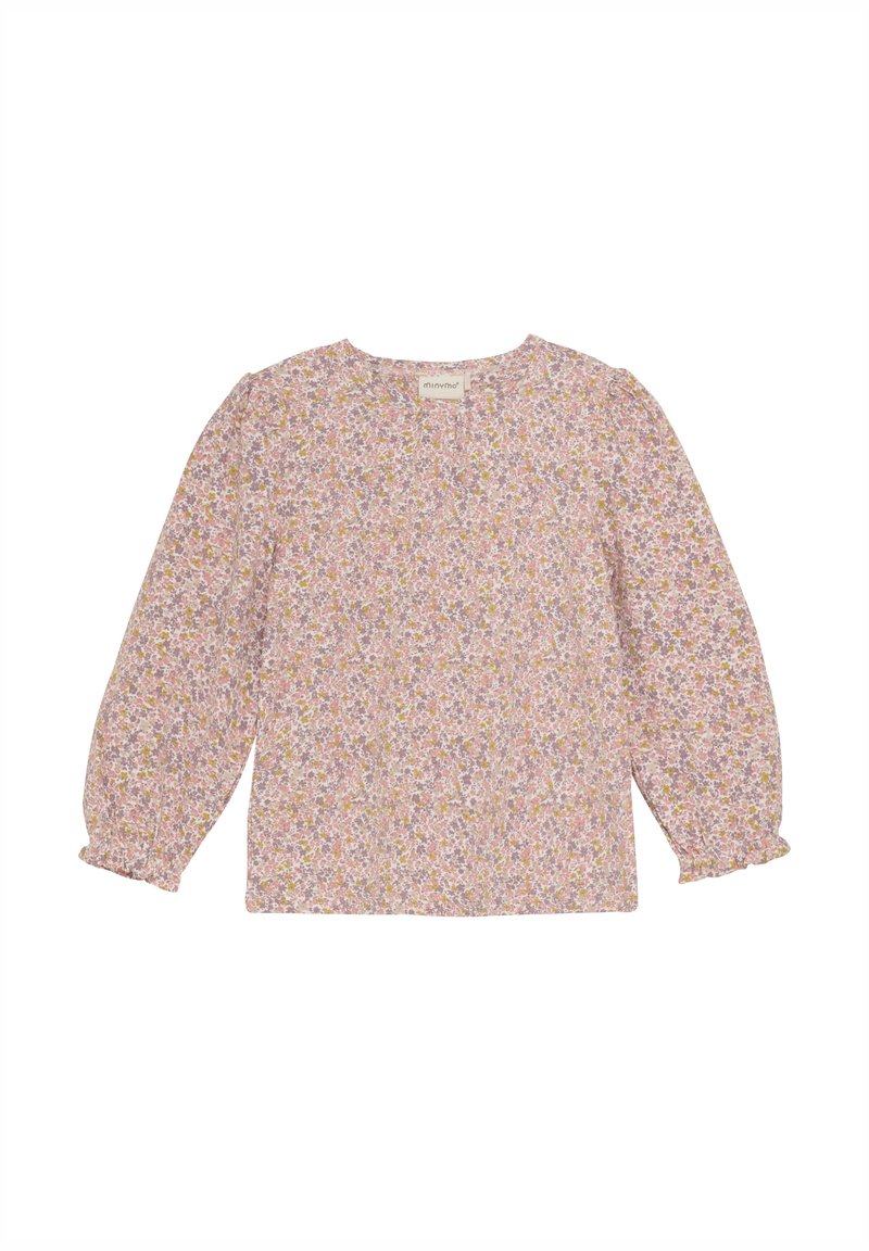 Langärmlige Bluse aus leicht pinkem Stoff mit floralem Muster, mit einem runden Ausschnitt und gerafften Ärmeln mit elastischen Bündchen.