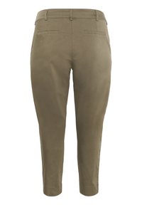 Khaki tapered broeken met een gladde textuur, voorzien van een middelgrote taille, subtiele achterkantzakken en een smalle pijp.