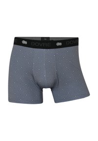 Boxershorts i et geometrisk blåt mønster med en sort talje, der har "DOVRE" og et bisonlogo. Fremstillet af blødt, strækbart stof.