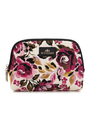 Pochette cosmetica floreale realizzata in tessuto con rose rosa, nere e gialle su uno sfondo crema. Presenta una zip nera e un'etichetta con logo.