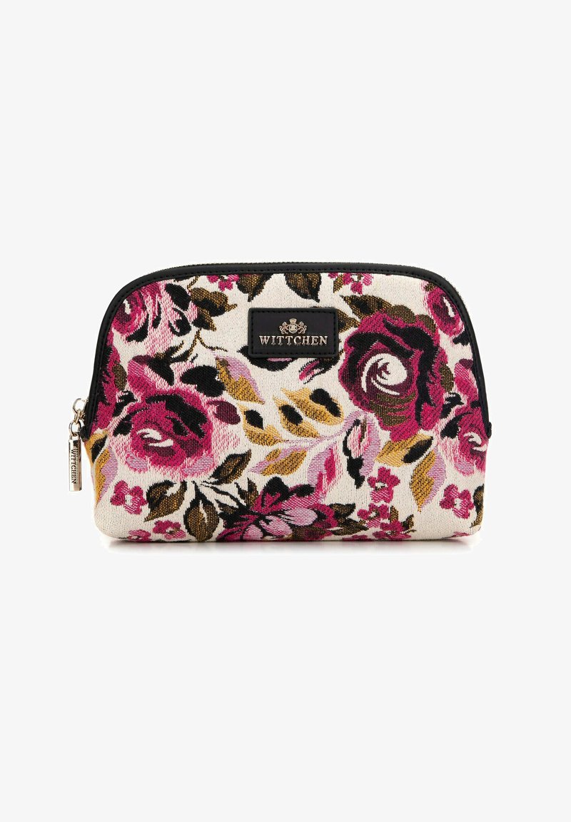 Cosmetica-etui van stof met roze, zwarte en gele rozen op een crèmekleurige achtergrond. Voorzien van een zwarte rits en een logo-tag.