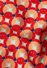 Textil s opakujícím se vzorem červených, oranžových a modrých kruhů na světlém zeleném pozadí s malými bílými tečkami.