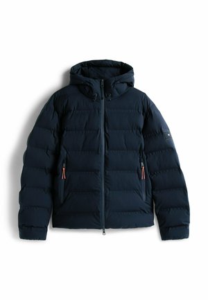 Giacca puffer blu navy con cappuccio, chiusura con zip e due tasche con zip. Presenta cuciture orizzontali e accenti arancioni a contrasto.