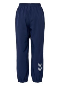 Marinefarbene Sporthose mit elastischem Bund, schmal zulaufenden Bündchen und einem grauen Chevron-Logo am linken Bein. Hergestellt aus einem glatten, leichten Material.