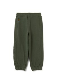 Pantaloni sportivi in cotone verde con vita elastica, polsini a coste e un sottile dettaglio testuale a rilievo sul lato.