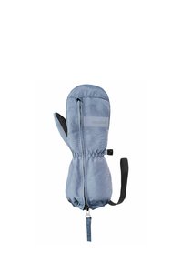 Helle blaue, isolierte Fäustlinge mit einem Reißverschluss, elastischen Bündchen und einer strukturierten schwarzen Handfläche. Das Material wirkt glatt mit einer sanften Oberfläche.