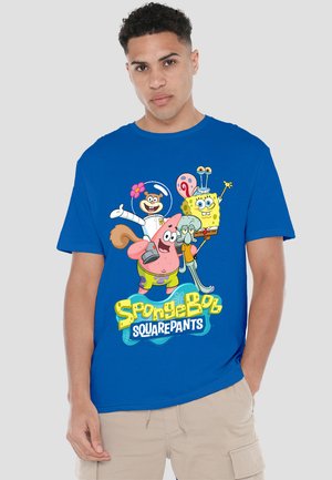 Blue cotton t-shirt featuring SpongeBob SquarePants characters, with a colorful cartoon graphic on the front and a relaxed fit.