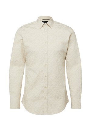Beżowa koszula na długi rękaw zapinana na guziki, z subtelnym kwiatowym wzorem i ostrym kołnierzykiem, zaprojektowana na szczupłą sylwetkę.