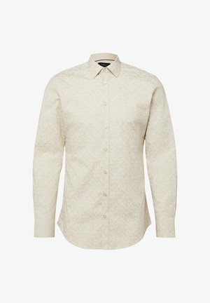 Camicia beige a maniche lunghe con bottoni, motivo floreale sottile e colletto appuntito, progettata per una vestibilità slim.
