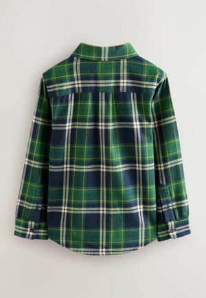 Grøn og marineblå ternet skjorte med lange ærmer, knapmanchetter og spids krave. Blødt stof med en tekstureret overflade og buet kant.