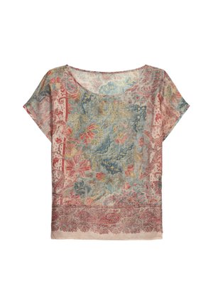 Top a maniche corte con motivo floreale in tessuto leggero. Presenta sfumature di azzurro, rosa e beige con design ornamentale sul bordo.