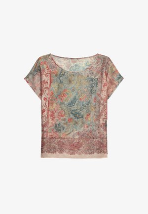 Blusentop mit floralem Muster und kurzen Ärmeln aus leichtem Stoff. Es hat sanfte Blau-, Rosa- und Beigetöne sowie ein dekoratives Randdesign.