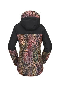 Färgglad leopardmönstrad jacka med en svart övre del, strukturerad tyg, huva och långa ärmar. Har livliga mönster och en elegant design.