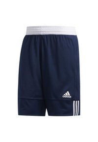 Marinefarbene Sportshorts mit einem weißen elastischen Bund, drei weißen Streifen an den Seiten und einem weißen Adidas-Logo in der unteren rechten Ecke.