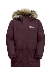 Bordeauxfarbener Parka mit einer gefütterten Kapuze aus Kunstfell, zwei Vordertaschen, elastischen Bündchen und einem Logo auf der linken Brust. Wasserabweisendes Material.