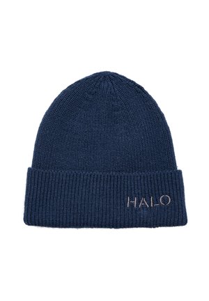 Marine gebreide beanie met ribbelstructuur, voorzien van een omgeslagen rand en een geborduurd "HALO" logo in een lichtere tint aan de voorkant.