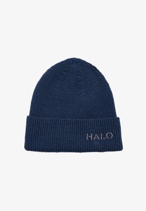 Marine gebreide beanie met ribbelstructuur, voorzien van een omgeslagen rand en een geborduurd "HALO" logo in een lichtere tint aan de voorkant.