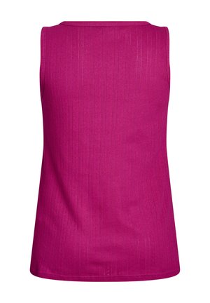 Top senza maniche di un vivace rosa, con texture a coste verticali, dotato di scollatura rotonda e una vestibilità comoda, adatto per un abbigliamento casual.