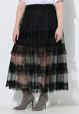 Ulla Popken, TIERED LACE ELASTIC WAIST MAXI SKIRT - Falda larga - black