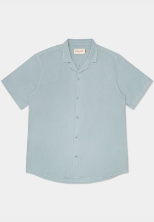 Korte mouwen button-up shirt in lichtblauw, gemaakt van textuurstof, met een puntige kraag en een afgeronde zoom met vijf knopen.